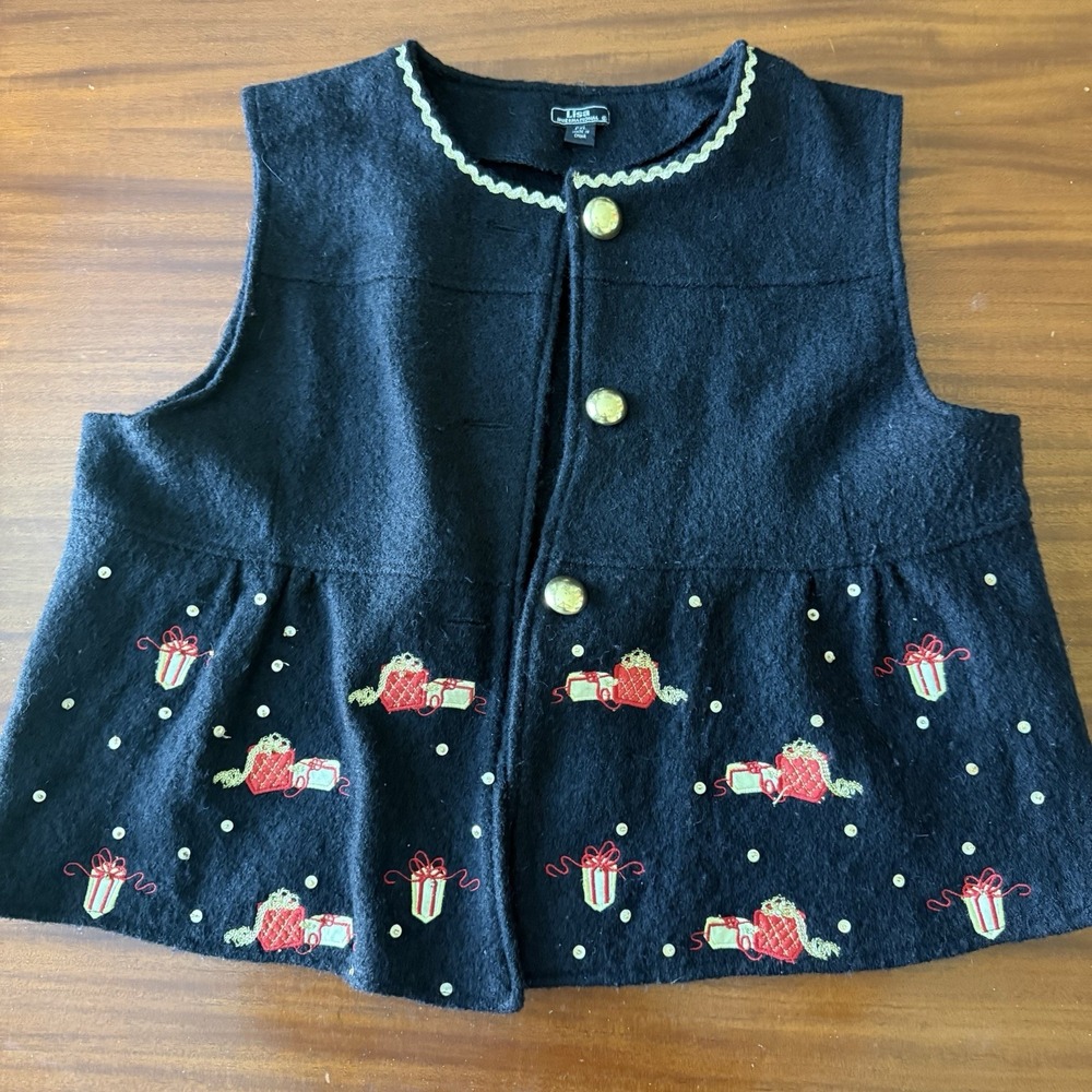 Vintage Lisa International Boiled Wool Christmas Vest Large Peplum Black